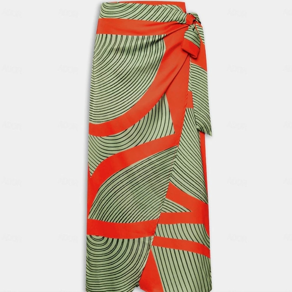 Vibrant Green and Red Patterned Wrap Skirt